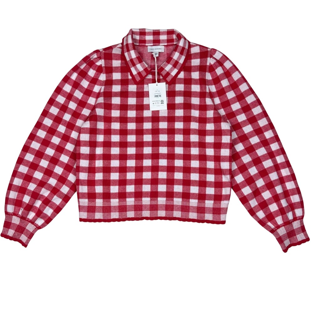 NWT Free Assembly Gingham Collared Sweater Puff Sleeve Girls L 12-14 Red Picnic